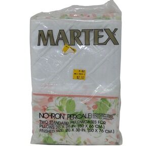 Vintage Martex Floral Pillowcase Set 2pk Percale Pink Green White 80s Cottage